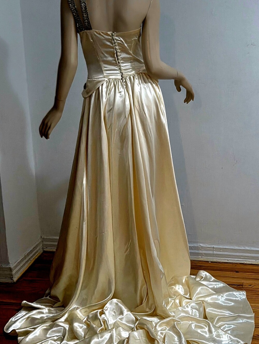 Vtg 1930s Liquid Satin Hand Beaded Jean Harlow Bridal Gown Superb - Picture 5 of 9